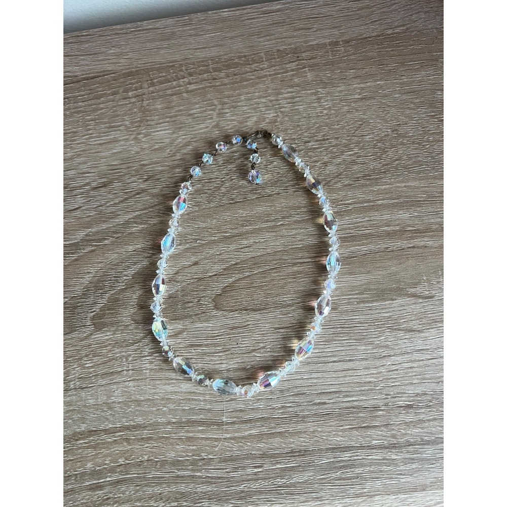 Vintage Aurora Borealis AB Crystal Beaded Necklace 13-16"‎ Faceted Laguna